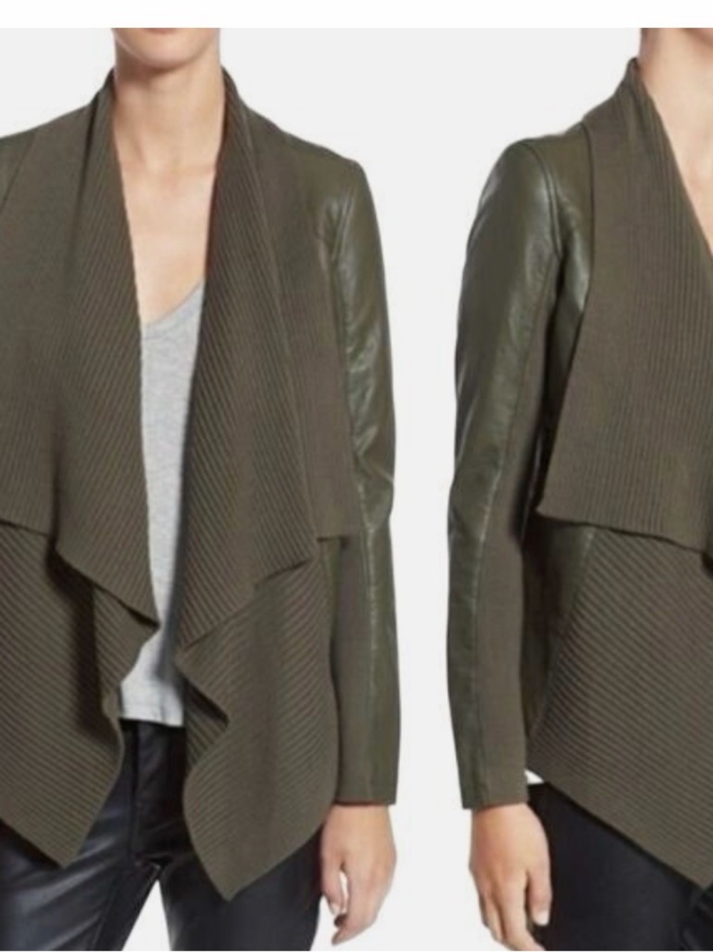 Blank NYC Olive Knit Draped Jacket with Faux Leather Sleeves